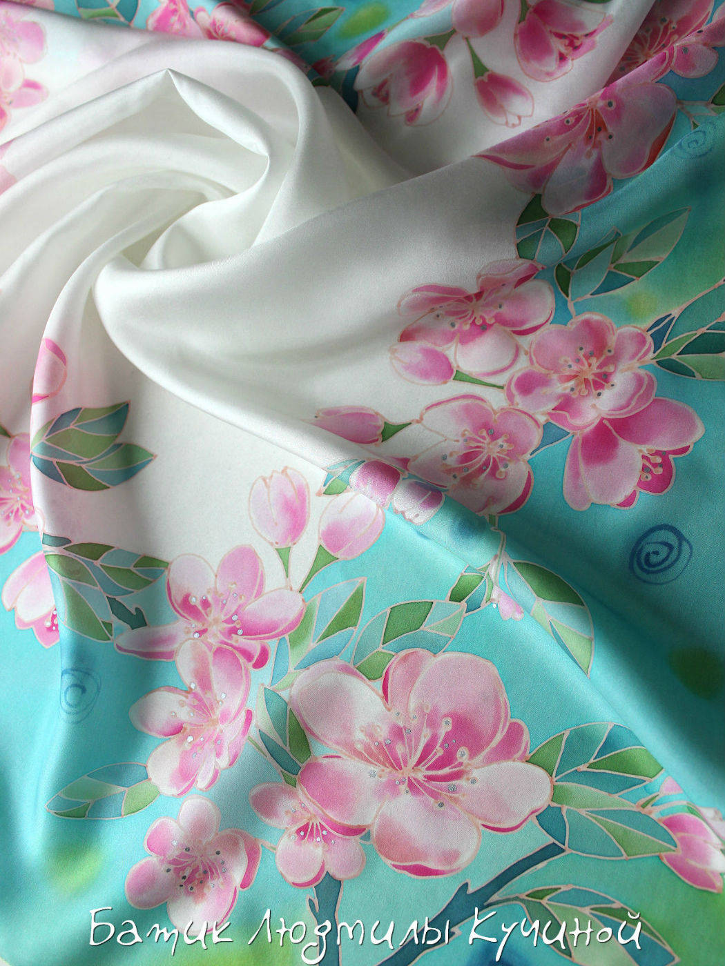батик платок Яблоневый цвет . Бирюзовый